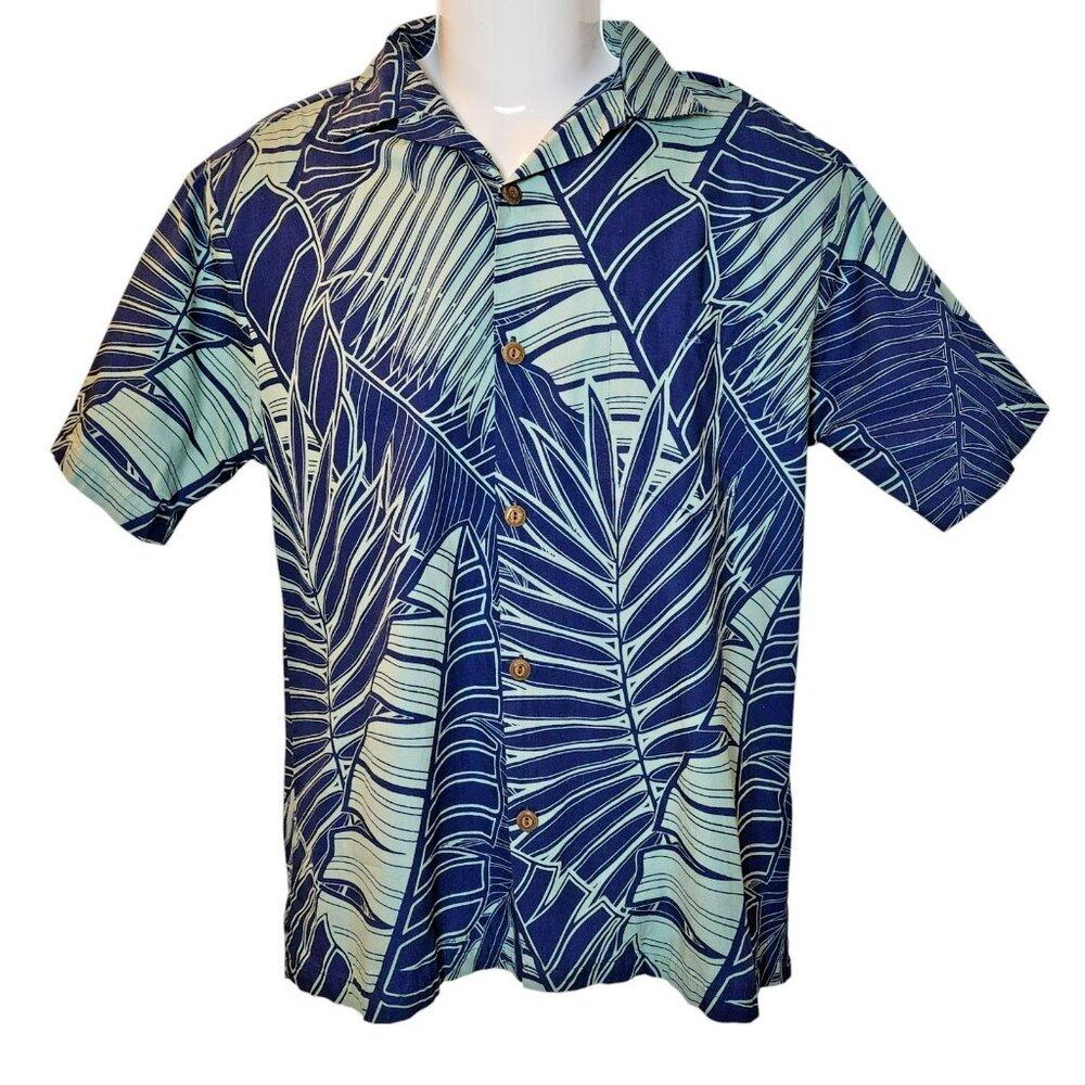 Hilo Hattie Hawaiian Shirt –‎ Men's Small, Blue Palm Print, Made in Hawaii